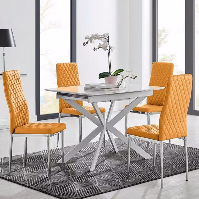 FurnitureboxUK LIRA 120 Extending Kitchen Dining Table and 4 Milan Chairs in Mustard Yellow