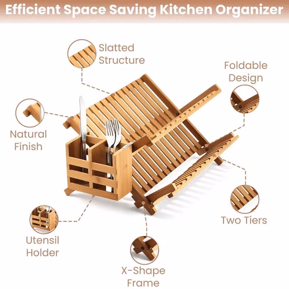 PAWNORA Bamboo Foldable Dish Drying Rack with Cutlery Holder in Natural Brown – 2