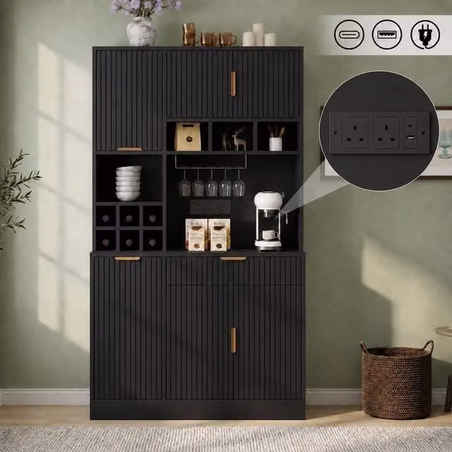 Rolipo Black Tall Modern Dining Room Sideboard with Power Outlets and Wine Rack – 1