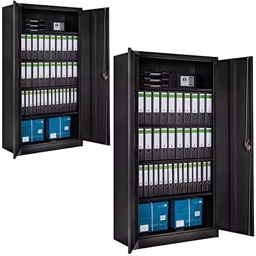 tectake Set of 2 Metal Filing Cabinets with Lockable Hinged Doors and Adjustable Shelves, Black, H 180 x W 90 x D 40 cm – 1