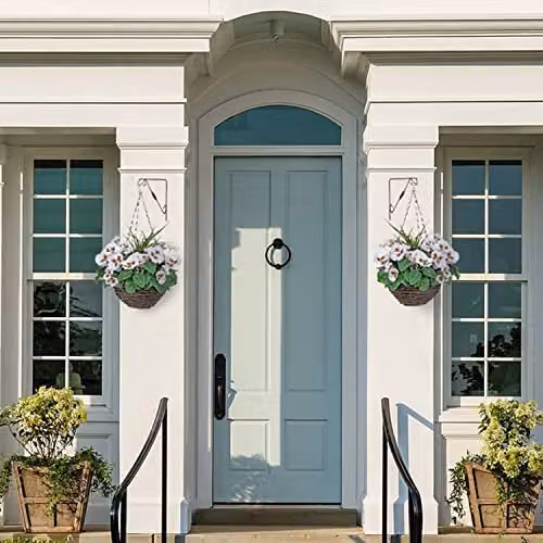 GreenBrokers Set of 2 Round Hanging Baskets with Mixed White, Purple and Blue Floral Decorations and Rattan Effect Plastic Finish – 3