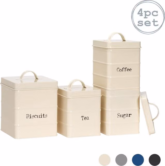 Harbour Housewares 4 Piece Vintage Metal Airtight and Leakproof Kitchen Canister Set in Beige and White