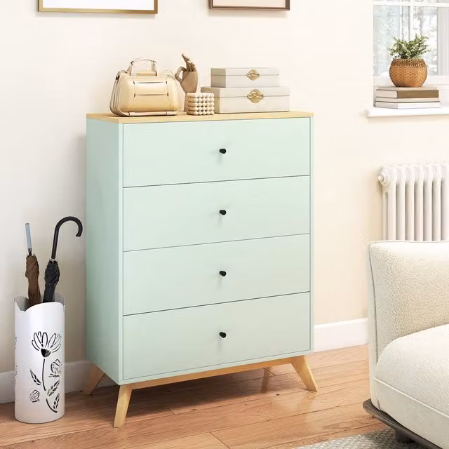 HOMCOM Modern 4 Drawer Freestanding Chest of Drawers in Green and Oak