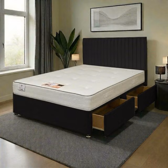 Knight Sleep Emily Plush Superking Bed Set with Hybrid Mattress and Upholstered Headboard in Black and Grey, W/D/H: 200 x 200 cm