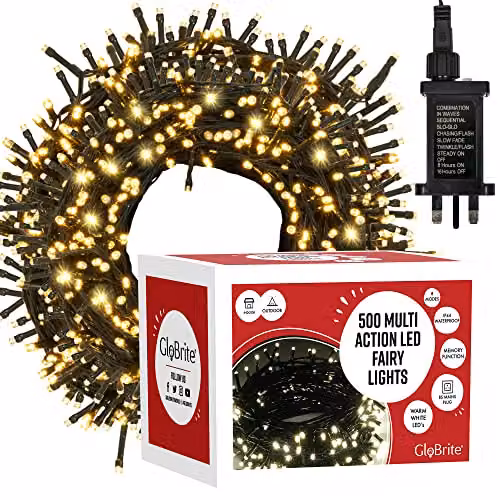 Globrite Warm White LED String Fairy Lights with Remote Control and Timer, 500 LED, White – 7
