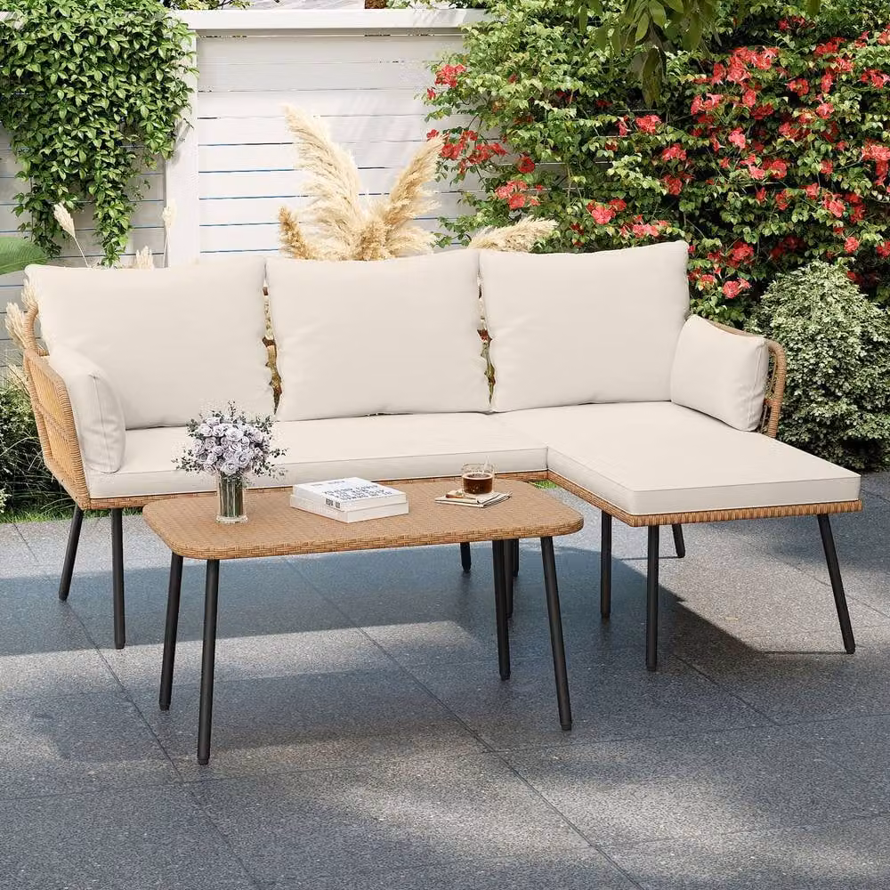 Costway 3-Piece Rattan Patio Sectional Sofa and Coffee Table Set in White – 3