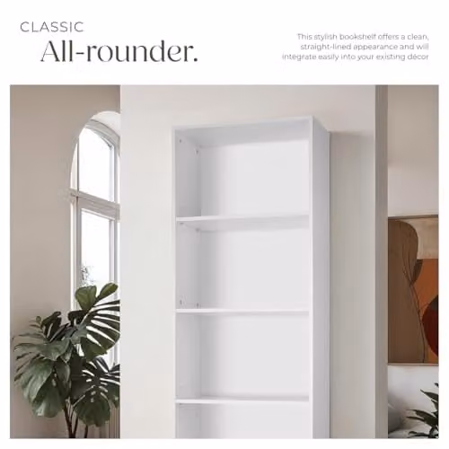 tectake Lexi 5-Tier Minimalist Bookshelf in White with Adjustable Shelves, H 190.0 x W 60.0 x D 30.0 cm – 3