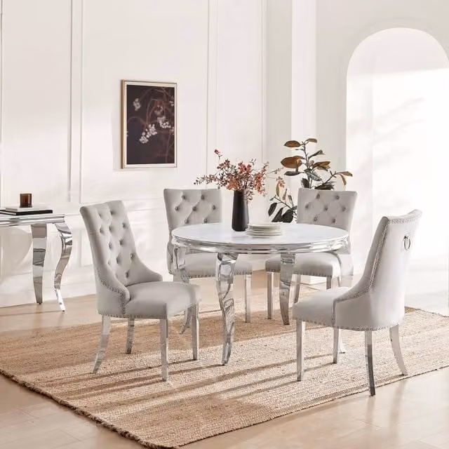 FurnitureboxUK Skye Round Marble Effect Dining Table and 4 Grey Belgravia Chairs