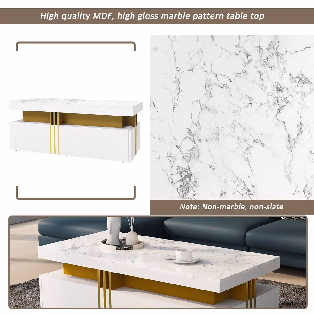Merax Rectangular Sofa Centre Table with Marble-Effect Top and 2 Drawers, White, W: 100 cm, D: 50 cm, H: 40 cm – 3