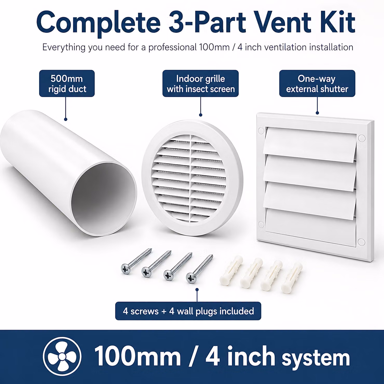 Sola 100mm White Plastic Wall Vent Kit with 500mm Duct, Indoor Grille and Backdraught Vent – 2