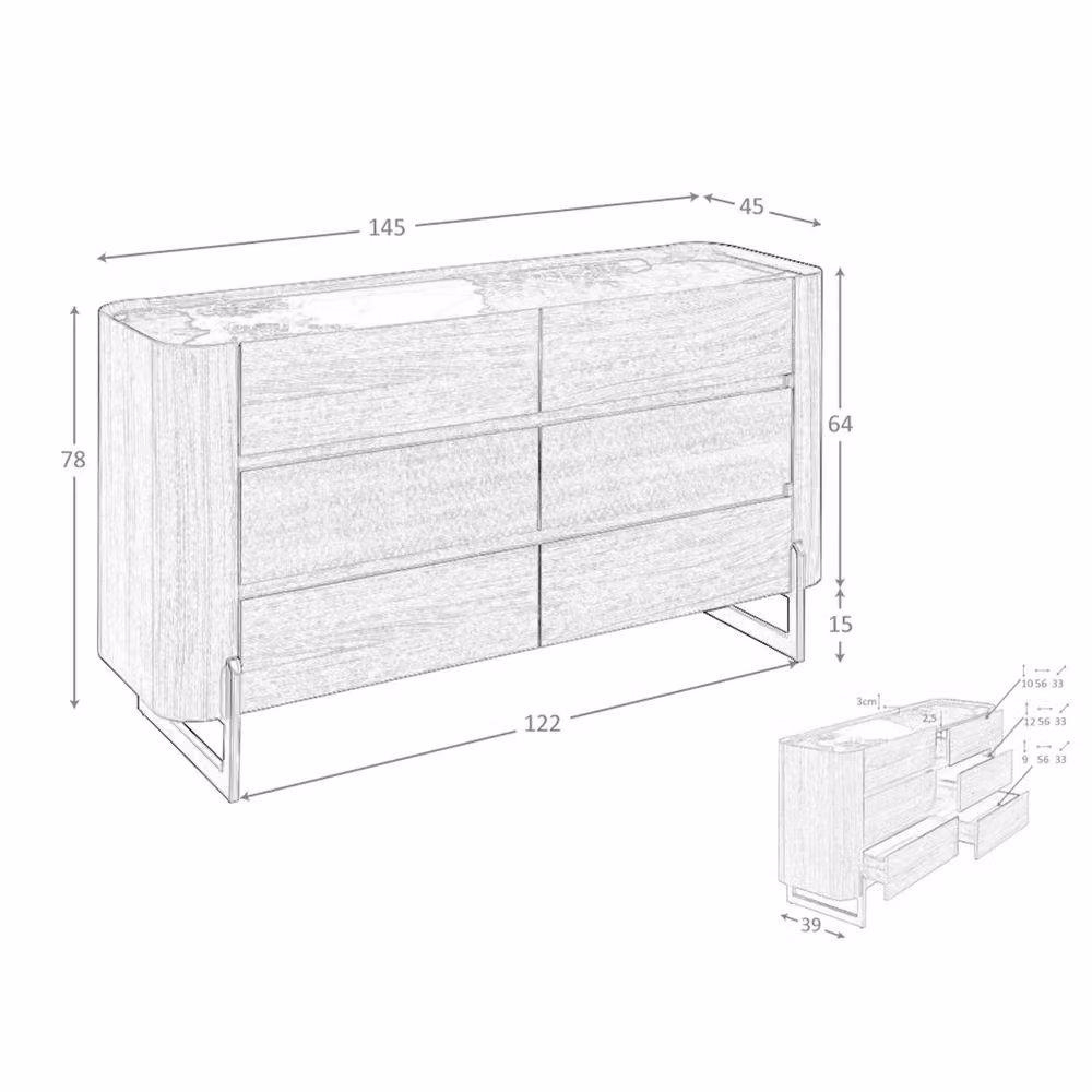 Angel Cerda Modern 6-Drawer Chest with Porcelain Marble in Walnut and Brown, W/D/H: 145 x 78 x 45 cm – 6