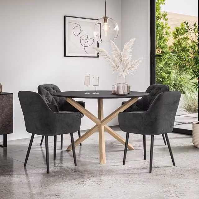 More4Homes Malvern Round Black Dining Table with 4 Anika Black Velvet Chairs and Oak Legs, Diameter: 120 cm, Height: 75 cm