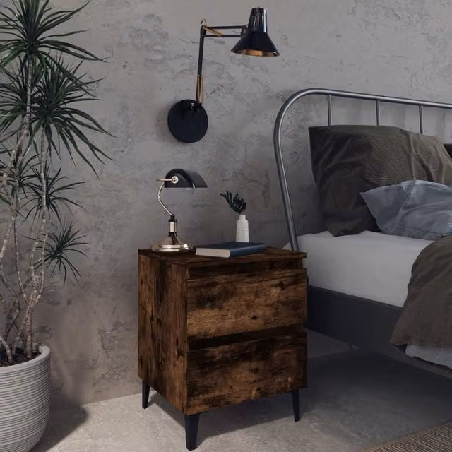Berkfield Home Bed Cabinet with Metal Legs in Smoked Oak Brown, W/D/H: 40 x 35 x 50 cm – 1