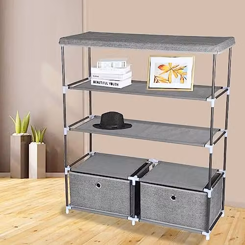 MantraRaj 4 Tier Multipurpose Storage Organiser Shelf with 2 Drawers, Metal Frame, Grey – 4