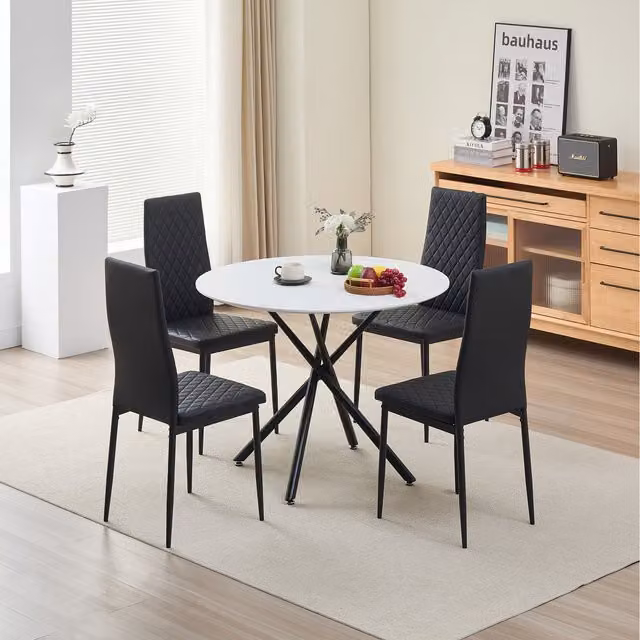 Madefor.living Seattle Round Glass Dining Table with 4 Emily Leather Chairs in Black and White