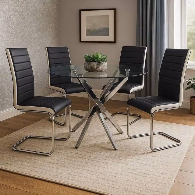 KOSY KOALA Round Glass Dining Table Set with 4 White and Black Chairs