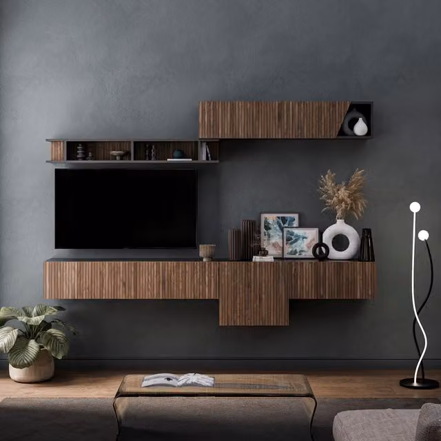 Decorotika Leiden Wall Mounted Modern Entertainment Center in Black and Alina Pattern