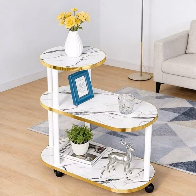 Ventryn White 3-Tier Oval Coffee Table with Marble Top and Castors – 1