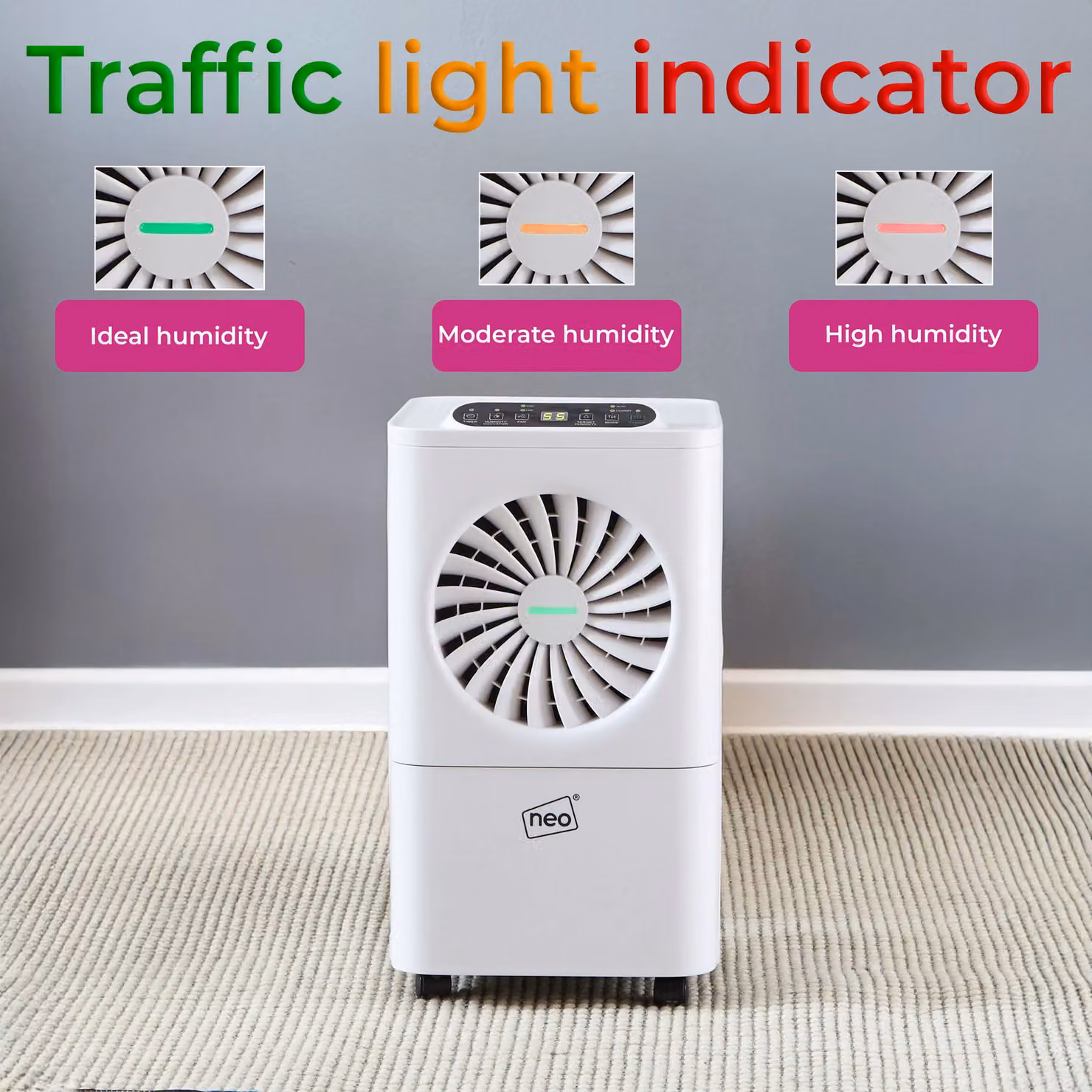 Neo 12L Per Day Dehumidifier in White with LED Digital Display, 3L Water Tank, Sleep Mode, 24H Timer and Continuous Drainage – 2