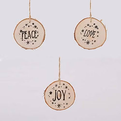 Shatchi Set of 3 Round Wooden Christmas Tree Hanging Ornaments in Brown, Diameter: 10 cm