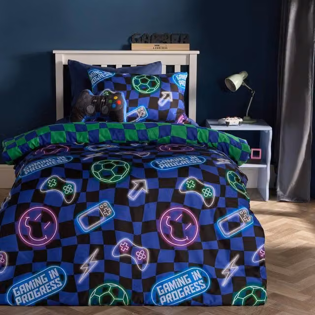 OHS Kids Neon Checkerboard Bedding Set in Blue, including Duvet Cover and Pillowcase, Size: Single (90 x 200 cm)
