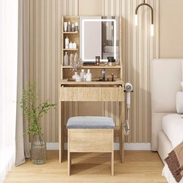 EONLION Modern Oak Vanity Dressing Table with LED Hollywood Mirror and Cushioned Storage in Light Oak