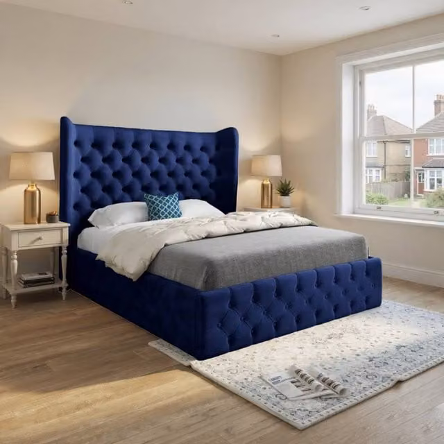 KDMD Lawford Wide Winged Upholstered Designer Bed Frame in Blue Soft Velvet, Super King (W/D/H: 200 x 220 x 137 cm)