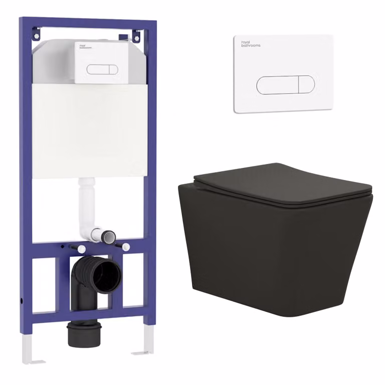 Royal Bathrooms Elena Matt Black Wall Hung Rimless Ceramic Toilet with Slim Soft Close Seat and Aqua White Plate Wall Hung Frame