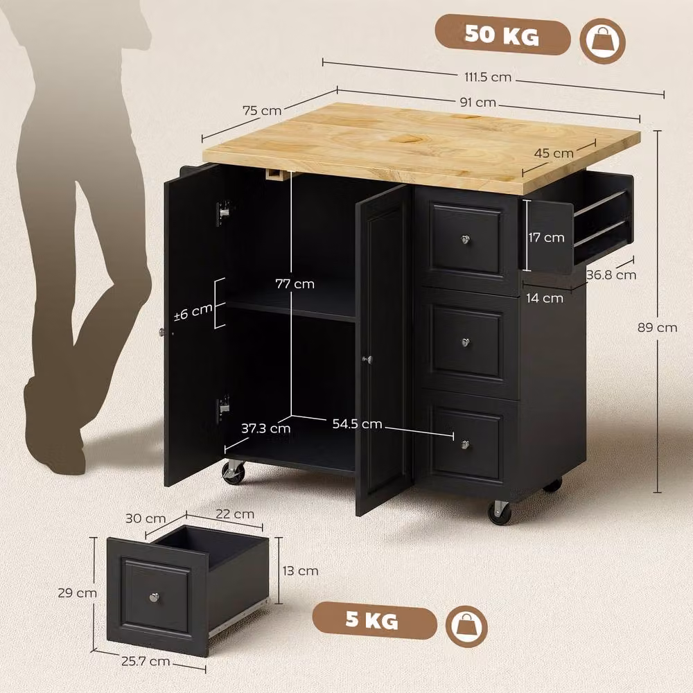 HOMCOM Rolling Kitchen Island Storage Trolley with Drop Leaf and Drawers in Black – 3