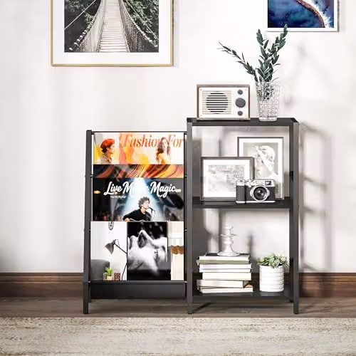 HOMCOM Industrial Record Player Stand with 3-Tier Media Storage in Black Wood Effect, W/D/H: 84 x 30 x 74 cm – 6