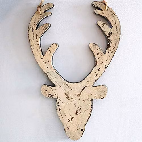 Shatchi Beige Wooden Hanging Reindeer Wall Decoration, W: 16 cm, H: 26 cm