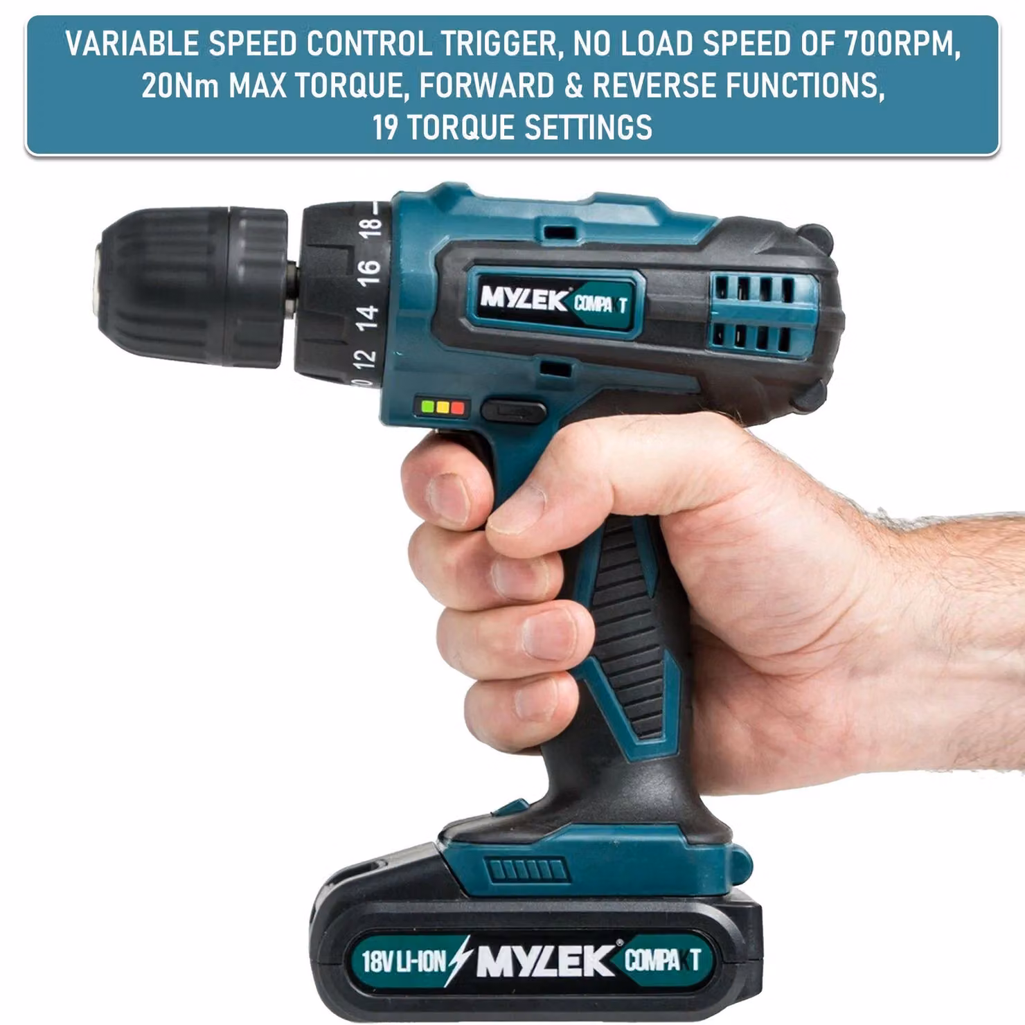 MYLEK 18V Cordless Drill and Screwdriver Set in Blue/Black with 50 Piece 4ORCE Accessory Kit and LED Worklight – 3