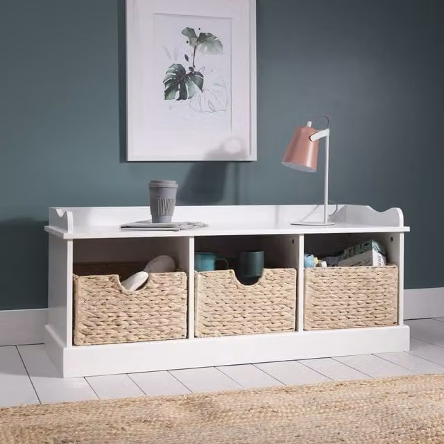 Nöa and Nani Stockholm Scandinavian Style Storage Bench in White with 3 Brown Rattan Baskets