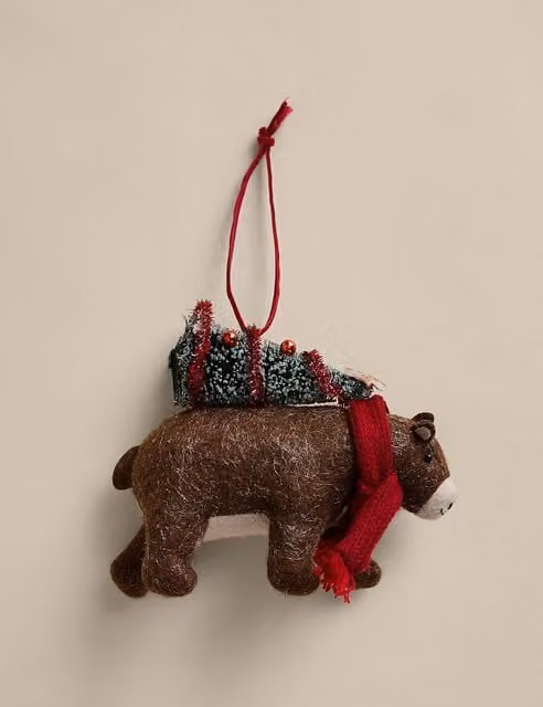 M&S Brown Mixed Felt Hanging Bear and Tree Christmas Decorations