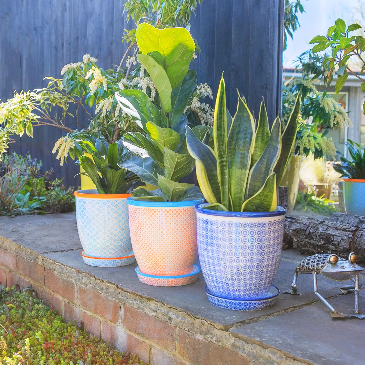 Nicola Spring Hand-Printed Ceramic Plant Pots with Saucers, Orange, Pack of 3, Diameter: 20.5 cm – 3