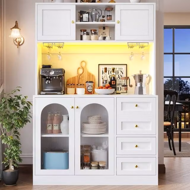 Matteo White Fluted Glass Sideboard Cabinet with LED and Gold Accents, H 188 x W 120 x D 40 cm – 1