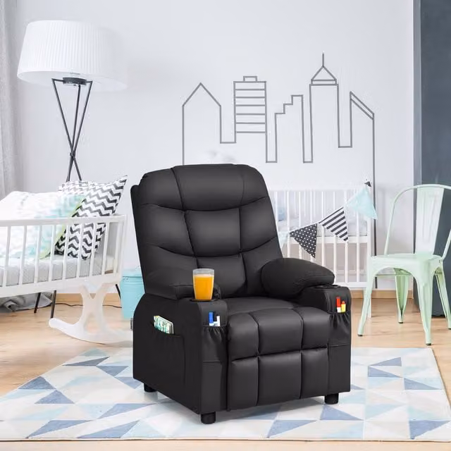 Costway Kids Youth Recliner Chair in Black Synthetic Leather with Solid Wood Frame