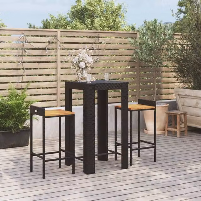 Berkfield Home 3 Piece Garden Bar Set in Black Poly Rattan and Solid Acacia Wood – 1