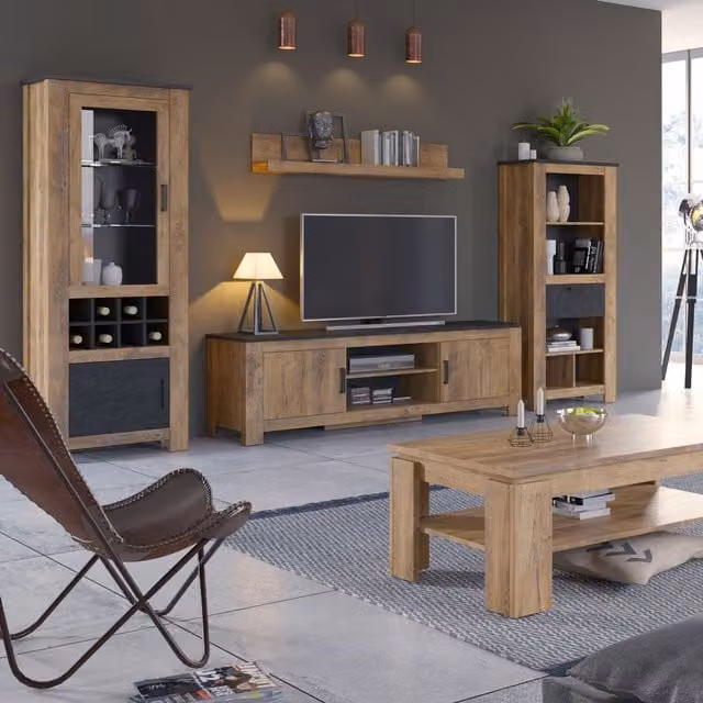 Furniture To Go Rapallo 2-Door Rustic Wood Cabinet with Glass Doors and Wine Rack in Grey or Brown