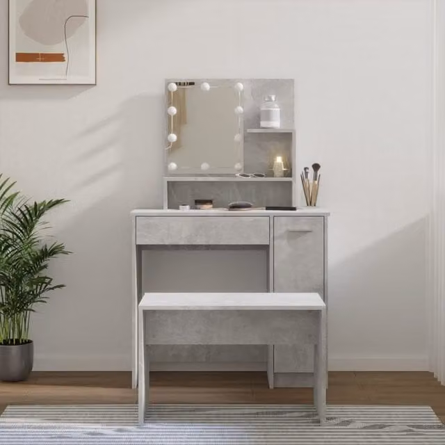 Berkfield Home Modern Dressing Table Set with Hollywood LED Mirror in Grey MDF – 1