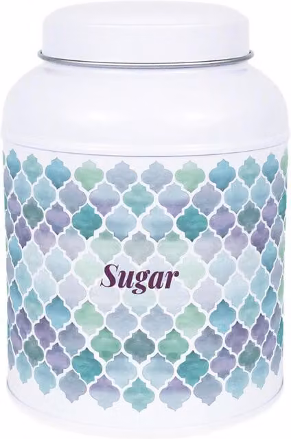 Purely Home Arabesque Tile Coffee Canister with Small Domed Lid, White and Multicolour Metal Kitchen Storage Tin