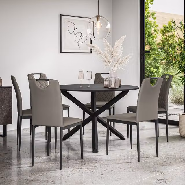 More4Homes Malvern Round Black Dining Table Set with 6 Grey Monza Chairs and Black Oak Legs, Diameter: 120 cm, Height: 75 cm