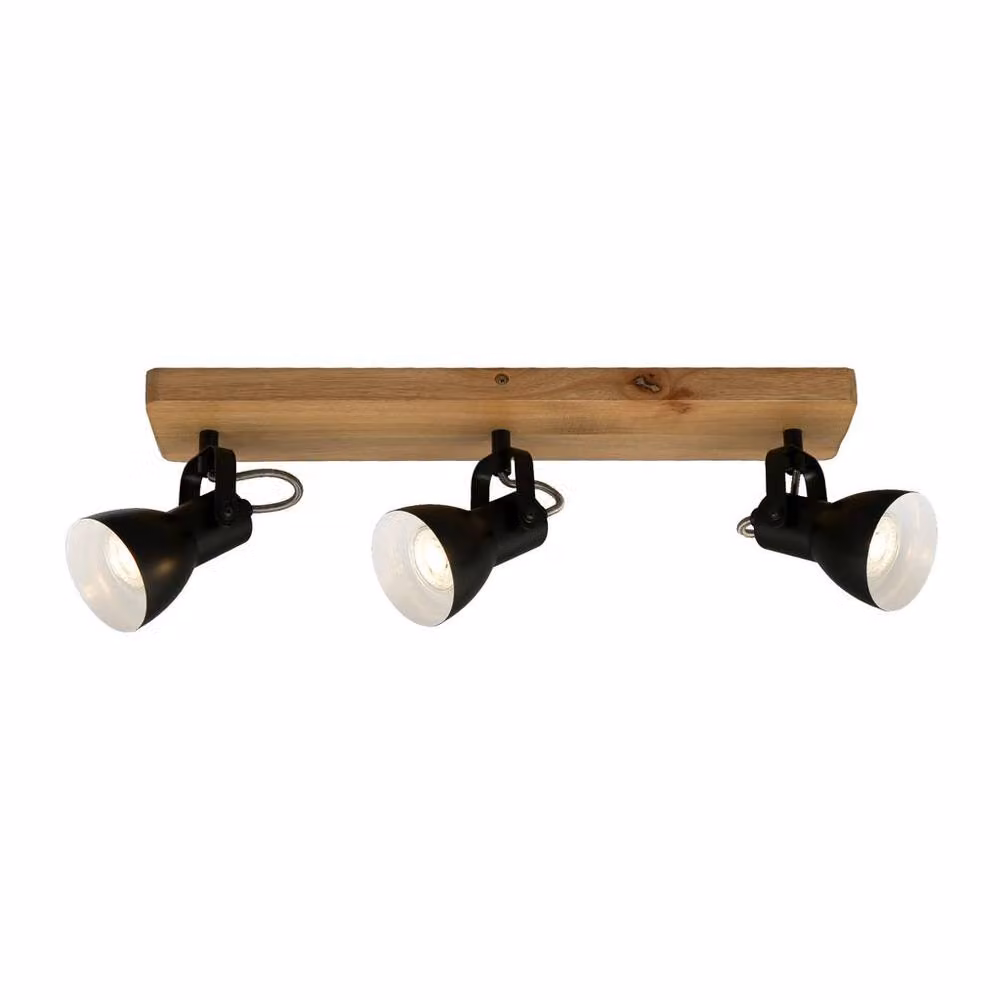 Briloner Retro 3 Way Ceiling Spotlight in Black and Wood with Adjustable GU10 Spots, 480mm – 3