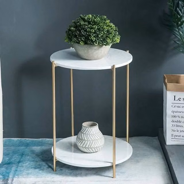 Kelvenix 2 Tier Round Marble End Side Table in White and Gold
