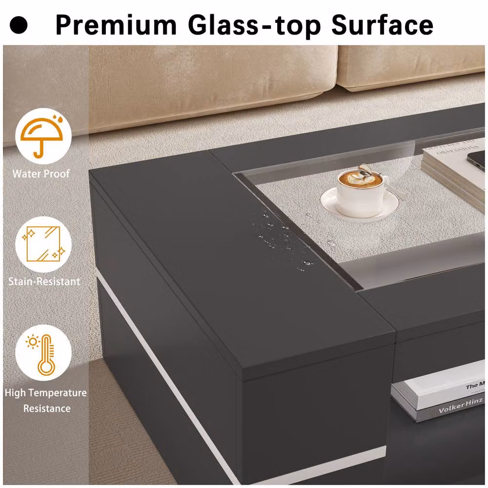 KEEPREAPER Modern Rectangular Coffee Table with Glass Top and Storage in Black – 2