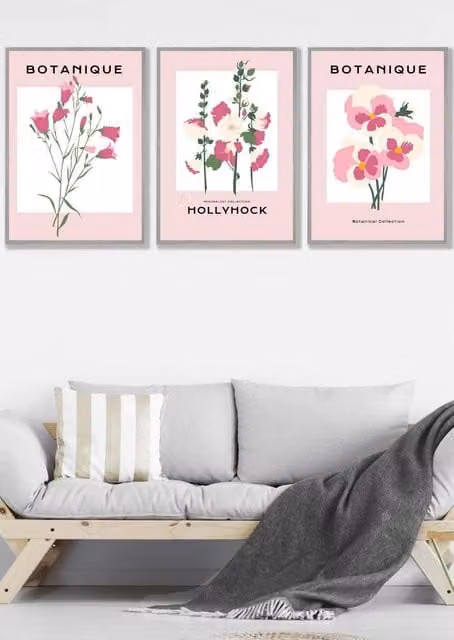 ARTZE Set of 3 Vintage Pink Hollyhock Flower Market Botanical Wall Art in Light Grey Frames, W: 53 cm, H: 73 cm, D: 0.2 cm