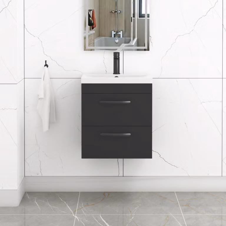 Royal Bathrooms Turin Wall Hung Vanity Unit with 2 Drawers and Mid-Edge Basin, Matt Black