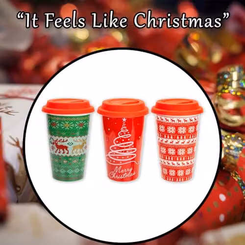VFM e-Store Christmas Travel Mug in Multicolour Assorted Designs, H 15.7 x W 9.5 x D 9.5 cm – 7