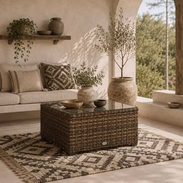 Wyld Haus Nolone Brown Rattan Outdoor Side Table with Glass Top – 1
