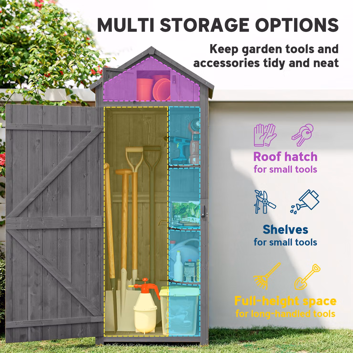 Outsunny Grey Wooden Garden Shed with Lockable Double Doors, Shelving and Window, H: 179.0 cm, W: 67.0 cm, D: 63.0 cm – 4